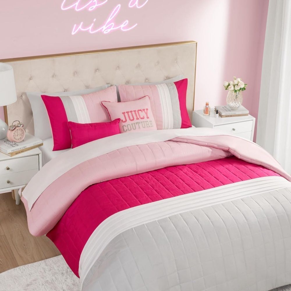 **SOLD** Juicy Couture Home 5PC Pink Gray Color Block Striped Comforter Bed Set - Picture 12 of 16